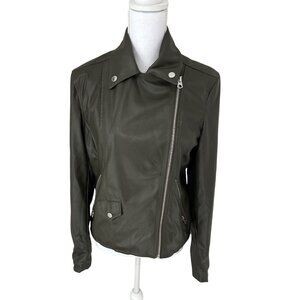 French Connection Womens Olive Green Faux Leather Moto Biker Jacket Size S
